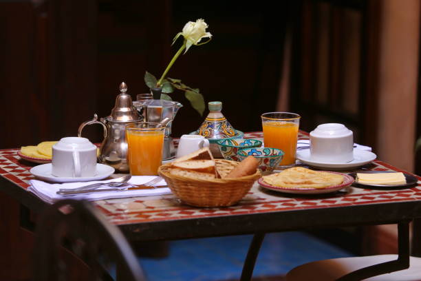 Delicious breakfast in Moroccan style served in riad (traditional Moroccan hotel)